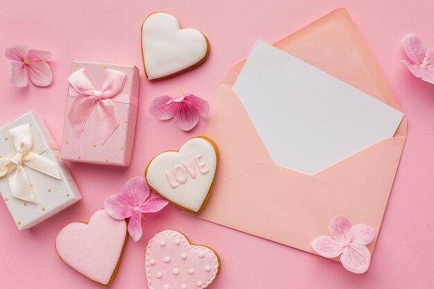 Flat lay of valentine's day concept with copy space