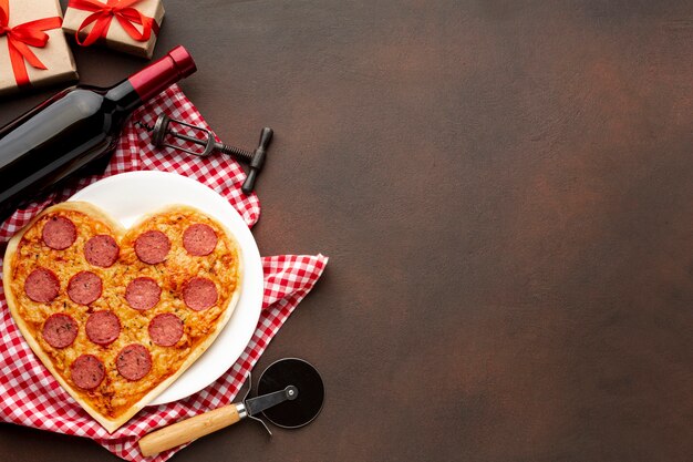 Flat lay valentines day assortment with pizza and copy space