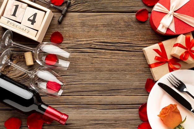 Flat lay valentines day dinner assortment with copy space