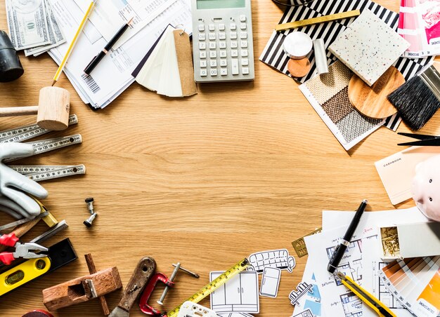 Flat lay of various technician tools isolated