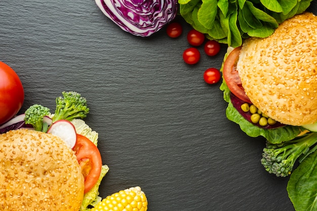 Flat lay vegan fast food arrangement with copy space