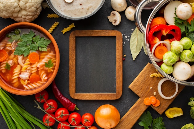 Flat lay vegetables in pan with vegetable soup with fusilli and wooden frame