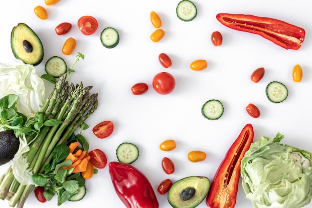 Flat lay vegetables on white background food and diet concept