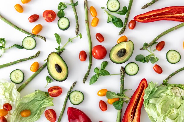 Flat lay vegetables on white background food and diet concept