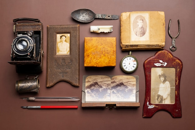 Flat lay vintage objects arrangement