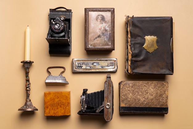 Free photo flat lay vintage objects still life