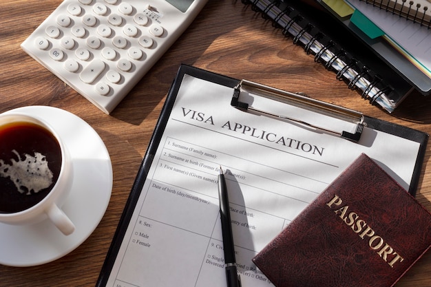 Flat lay visa application assortment