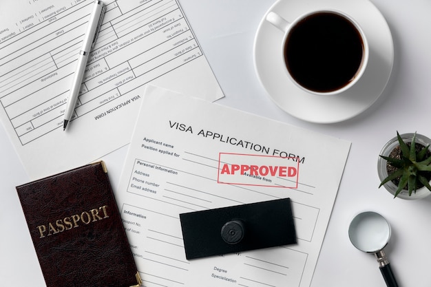 Flat lay visa application assortment