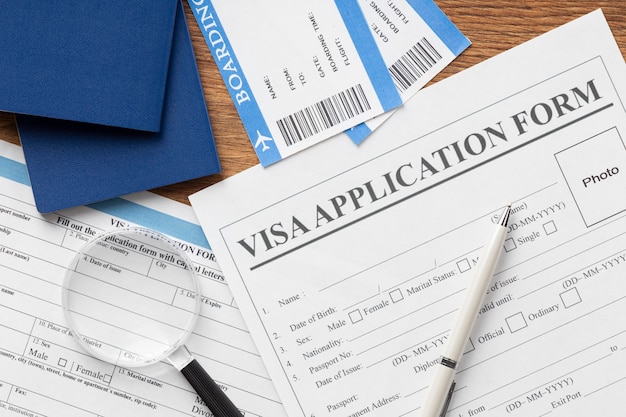 Flat lay visa application assortment