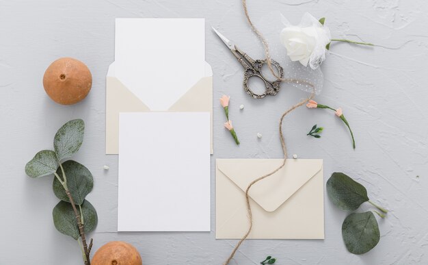 Flat lay of wedding invitation with copy space