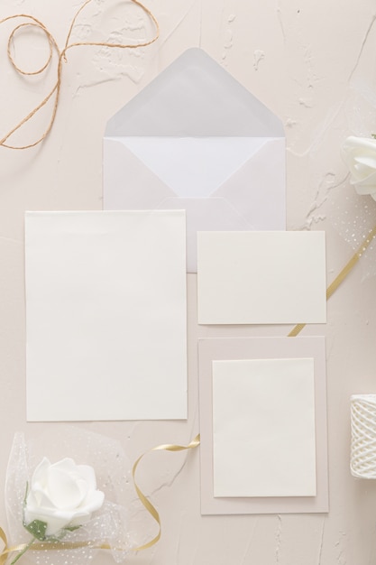 Flat lay of wedding invitation with copy space