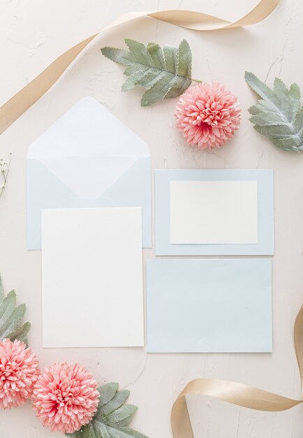 Flat lay of wedding invitation with copy space