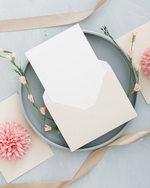 flat lay of wedding invitation with copy space