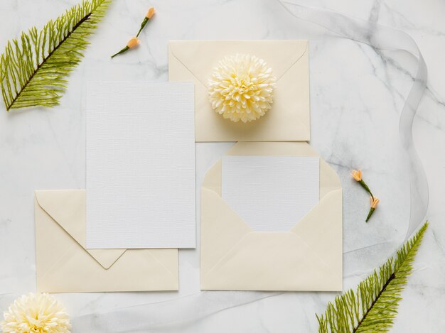 Flat lay of wedding invitation with copy space