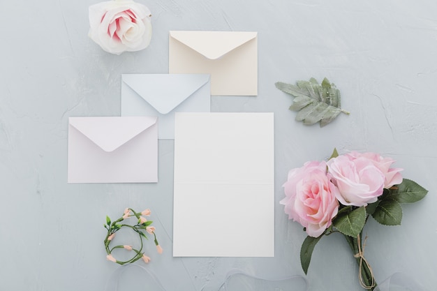 Flat lay of wedding invitation with copy space