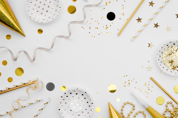 Flat lay white copy space background with new year accessories