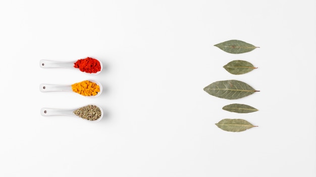 Flat lay white spoons with spices