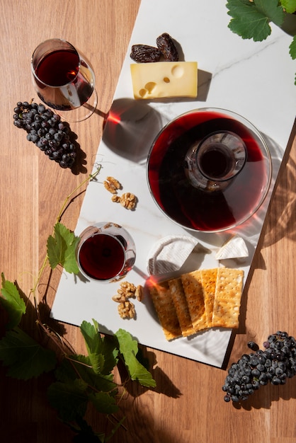 Caraffa e bicchiere di vino piatti sul tavolo