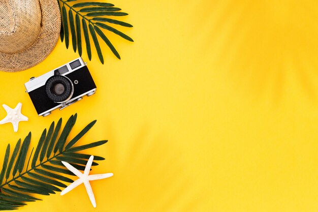 Квартира лежала с аксессуарами путешественника: тропический пальмовый лист, ретро-камера, шляпа от солнца, морская звезда на желтом фоне