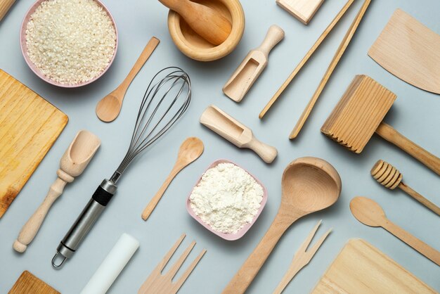 Flat lay wooden kitchen tools arrangement