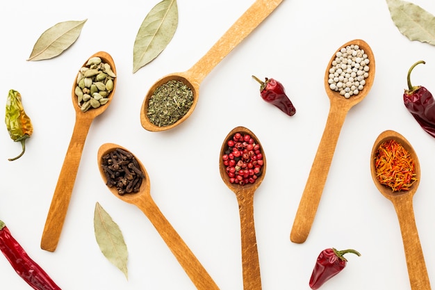 Flat lay wooden spoons with variety of spices