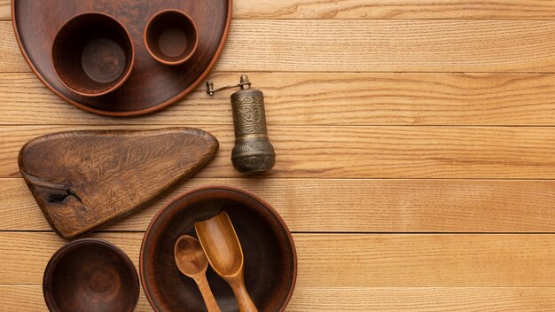 Flat lay wooden tableware collection