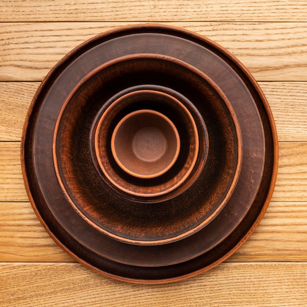 Flat lay wooden tableware collection