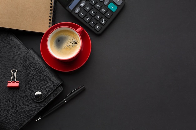 Free photo flat lay of work desk with agenda and notebook