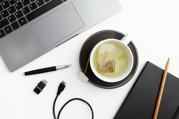 Flat lay working plate with cup of tea