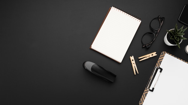 Flat lay of workstation with glasses and succulent plant