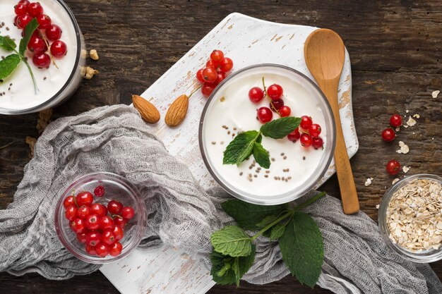 Flat lay yogurt and fruit bio food lifestyle concept