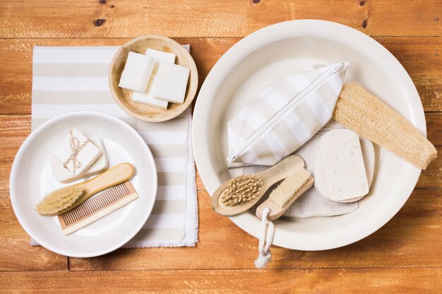 Flat lay zero waste composition on wooden background