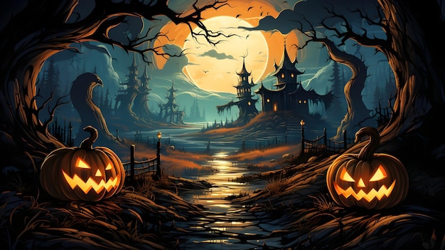 Foto gratuita carta da parati di halloween di zucche malvagie in stile piatto