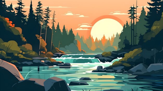 flat vector of FOREST river illustration