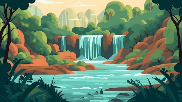 Free photo flat vector forest stream waterfall illustration