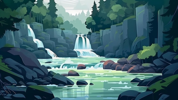 Free photo flat vector forest waterfall illustration