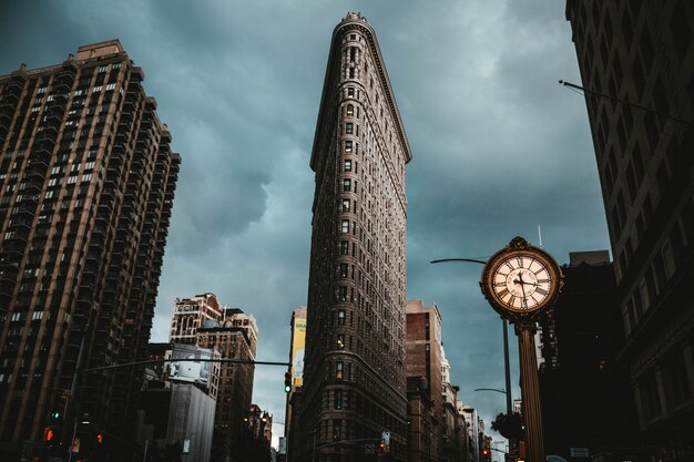The Flatiron building in New York City shot from a low angle