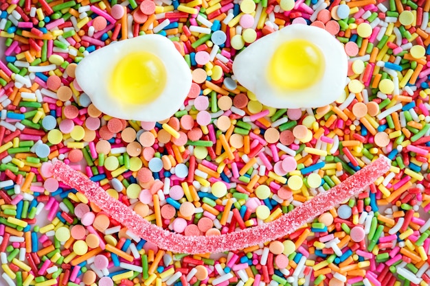 Free photo flatlay of jelly fried eggs forming a smiley face and sprinkles textured background
