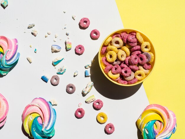 Flavorful fruit cereal loops top view