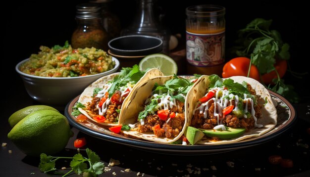 Free photo a flavorful mexican meal with grilled beef fresh vegetables and homemade guacamole generated by artificial intelligence