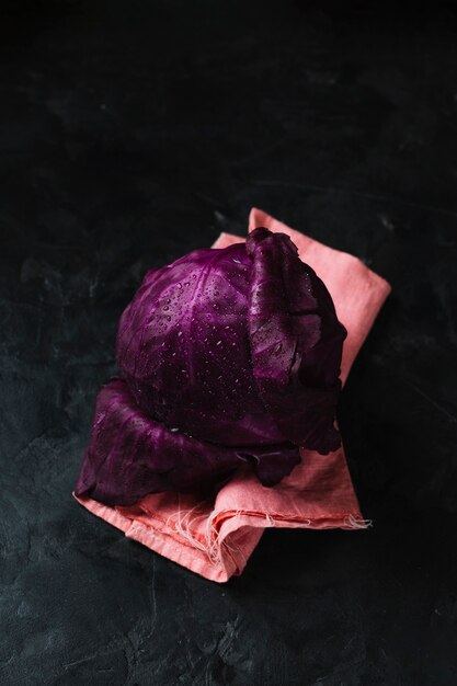 Flavorful red cabbage with dew high view