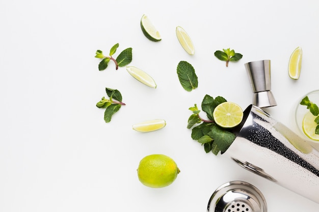 Flay lay of cocktail essentials with shaker and mint