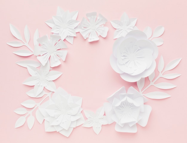 Flay lay elegant white paper flowers
