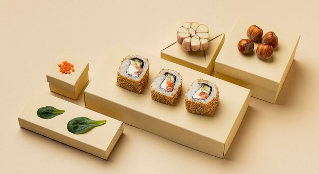 Flexitarian diet with sushi arrangement high angle