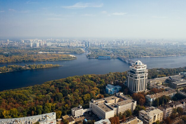 Flight over the Bridge in Kiev. Aerial photography