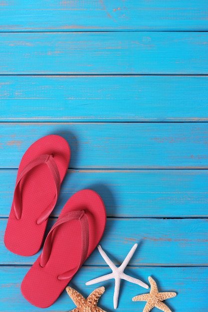 Flipflops 불가사리 여름 해변 푸른 나무 배경 수직