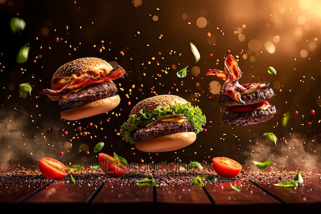 Free photo floating burger with bacon on wooden table copy space