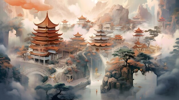 floating Chinese wonderland wallpaper