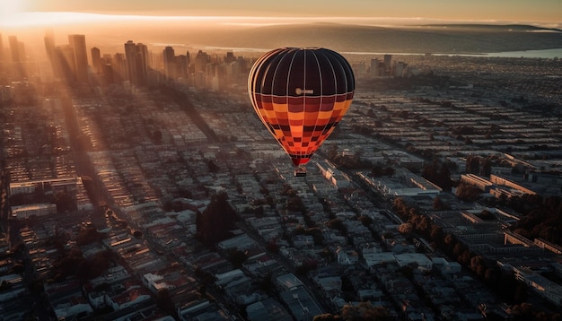 AIによって生成された都市の上空を飛行する熱気球