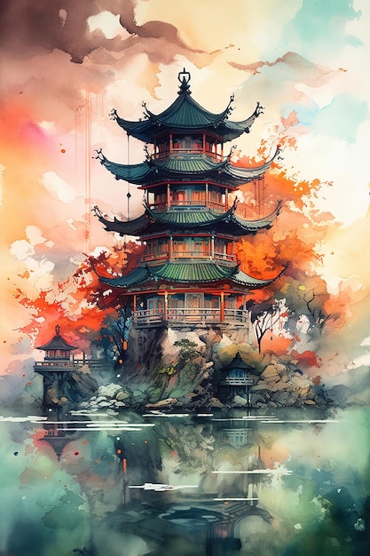 Floating island surrounded by fluffy clouds and a beautiful sunset chinese building Generative Ai